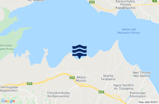 Mapa da tábua de marés em Mólos, Greece