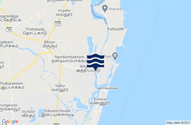 Mapa da tábua de marés em Mīnjūr, India