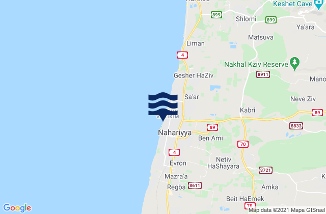 Mapa da tábua de marés em Nahariyya, Israel