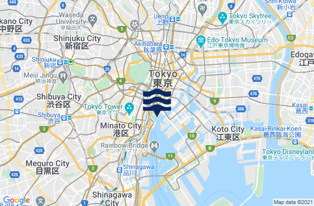 Mapa da tábua de marés em Nakano-ku, Japan