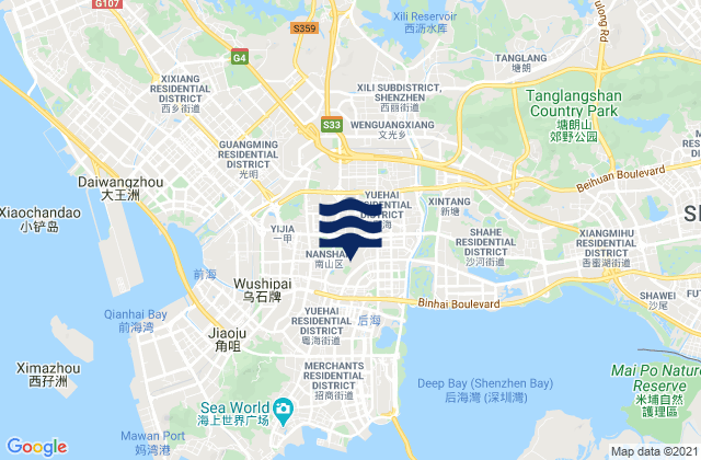 Mapa da tábua de marés em Nanshan, China