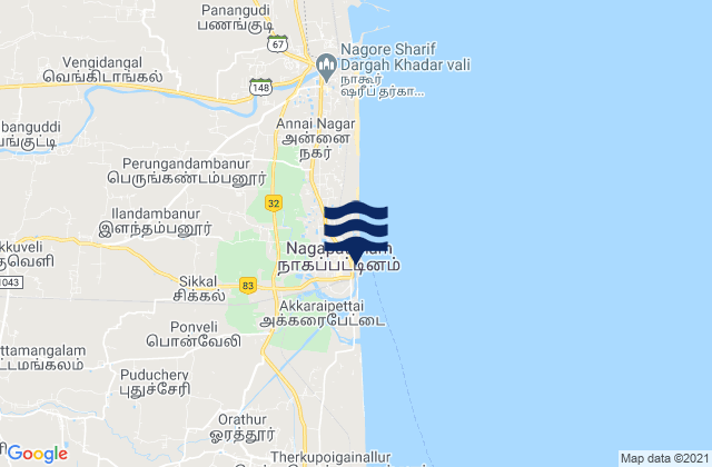 Mapa da tábua de marés em Negapatam, India