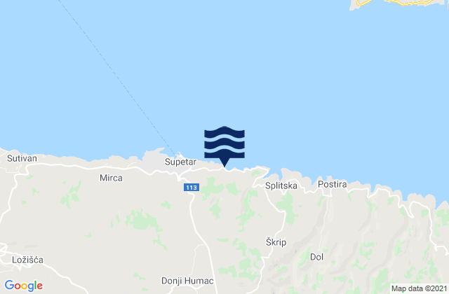 Mapa da tábua de marés em Nerežišća, Croatia