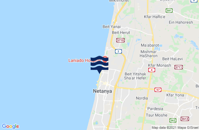 Mapa da tábua de marés em Netanya, Israel