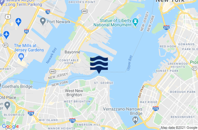Mapa da tábua de marés em New Brighton, United States