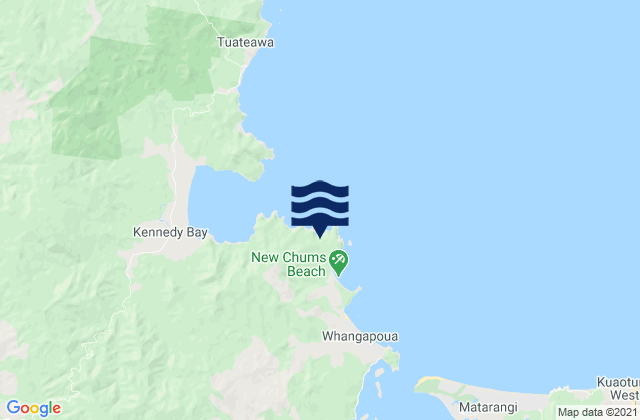 Mapa da tábua de marés em New Chums Beach, New Zealand