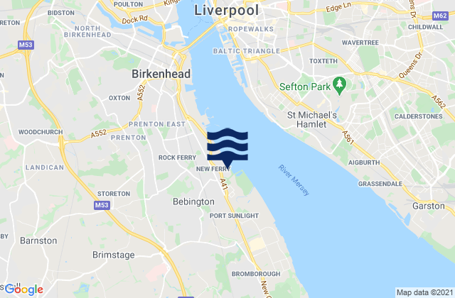 Mapa da tábua de marés em New Ferry, United Kingdom