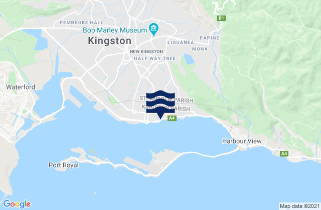 Mapa da tábua de marés em New Kingston, Jamaica