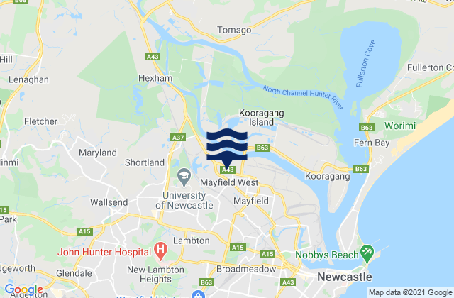 Mapa da tábua de marés em New Lambton Heights, Australia