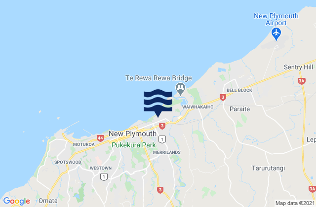 Mapa da tábua de marés em New Plymouth District, New Zealand