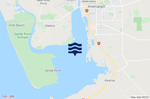 Mapa da tábua de marés em New River Estuary, New Zealand