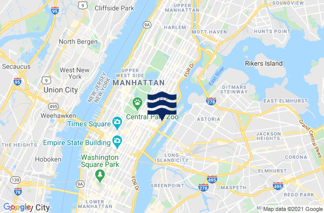 Mapa da tábua de marés em New York County, United States