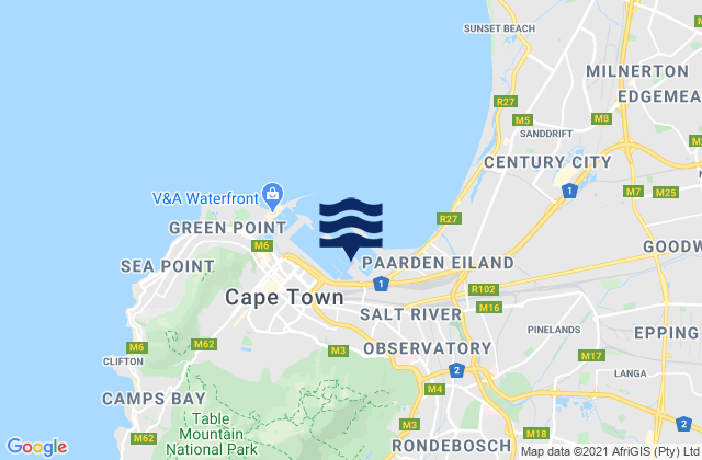 Mapa da tábua de marés em Newlands, South Africa