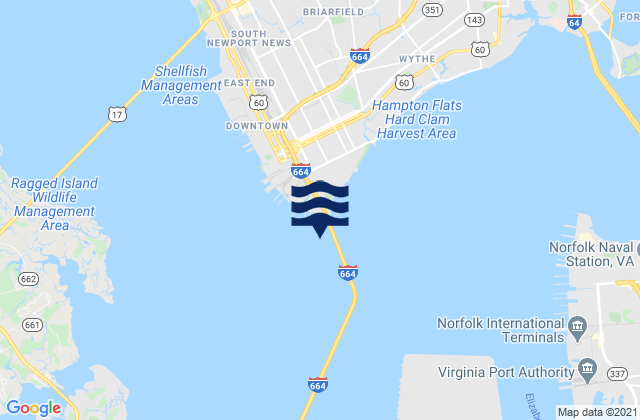Mapa da tábua de marés em Newport News Channel west end, United States