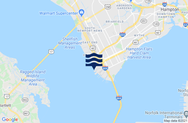 Mapa da tábua de marés em Newport News, United States