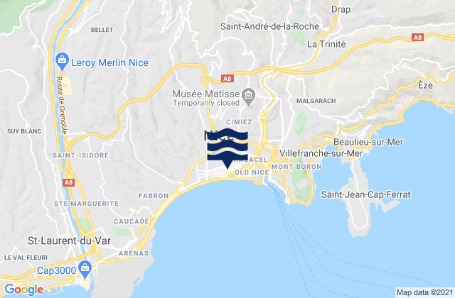 Mapa da tábua de marés em Nice, France