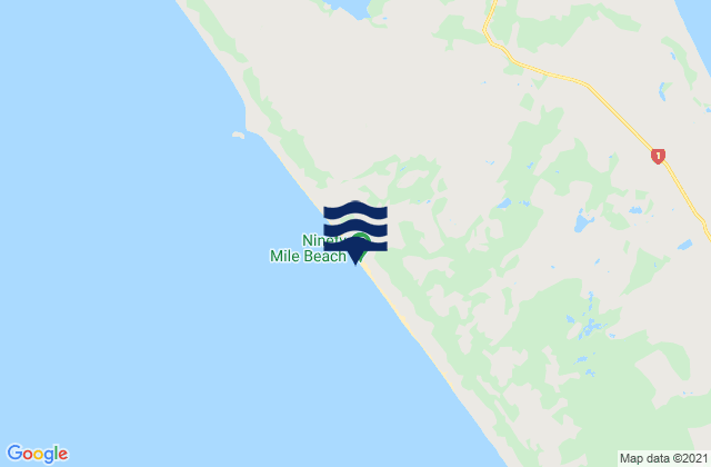 Mapa da tábua de marés em Ninety Mile Beach, New Zealand