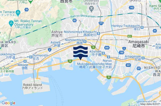 Mapa da tábua de marés em Nishinomiya-hama, Japan