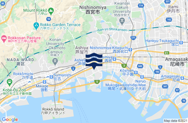 Mapa da tábua de marés em Nishinomiya Shi, Japan