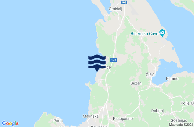 Mapa da tábua de marés em Njivice, Croatia