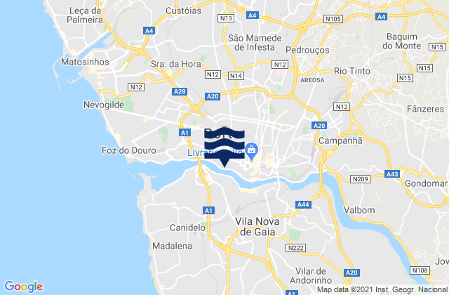 Mapa da tábua de marés em Nogueira, Portugal