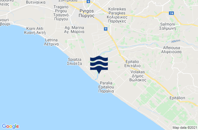 Mapa da tábua de marés em Nomós Ileías, Greece