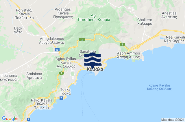 Mapa da tábua de marés em Nomós Kaválas, Greece