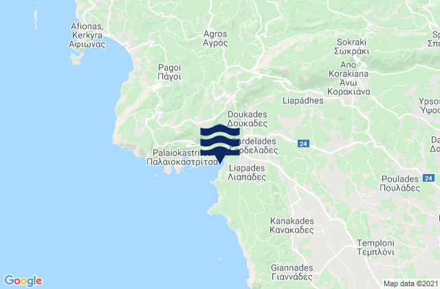 Mapa da tábua de marés em Nomós Kerkýras, Greece