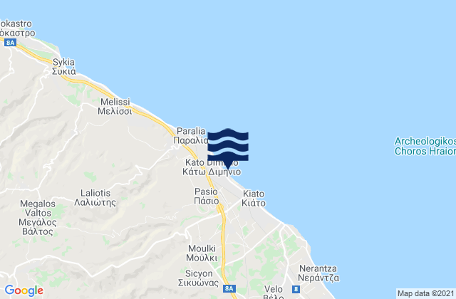 Mapa da tábua de marés em Nomós Korinthías, Greece