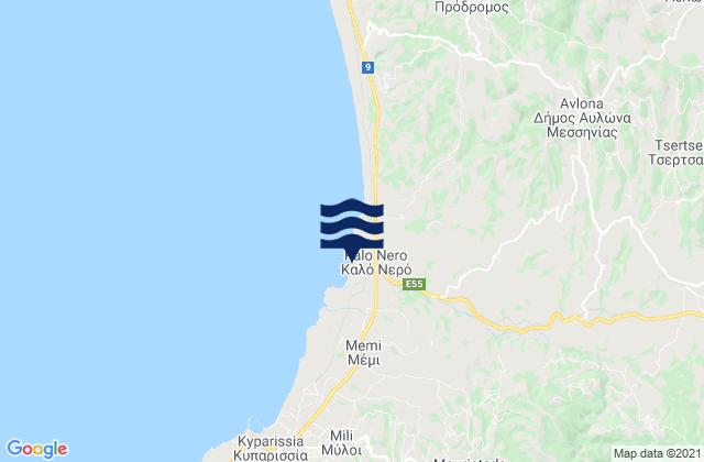 Mapa da tábua de marés em Nomós Messinías, Greece