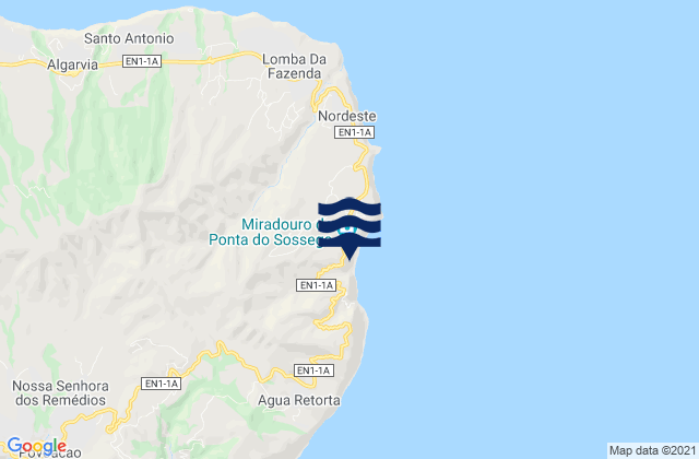 Mapa da tábua de marés em Nordeste, Portugal