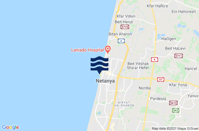 Mapa da tábua de marés em Nordiyya, Israel