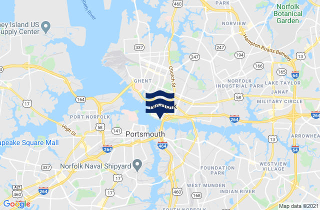 Mapa da tábua de marés em Norfolk, United States