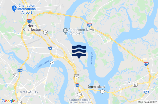 Mapa da tábua de marés em North Charleston, United States