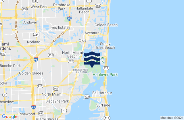 Mapa da tábua de marés em North Miami Beach, United States