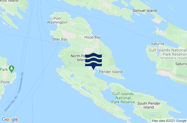 Mapa da tábua de marés em North Pender Island, Canada
