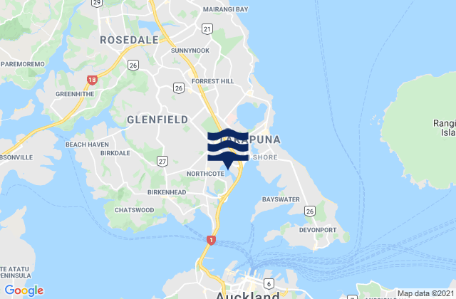 Mapa da tábua de marés em North Shore, New Zealand
