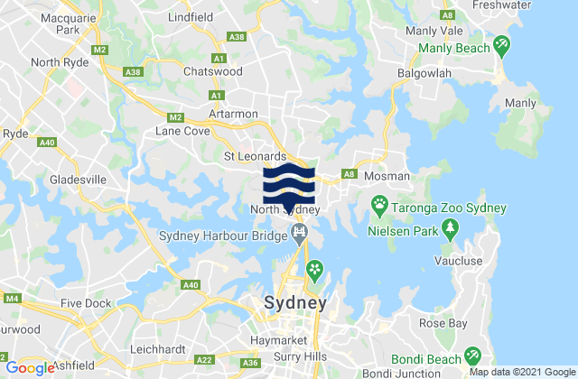 Mapa da tábua de marés em North Sydney, Australia