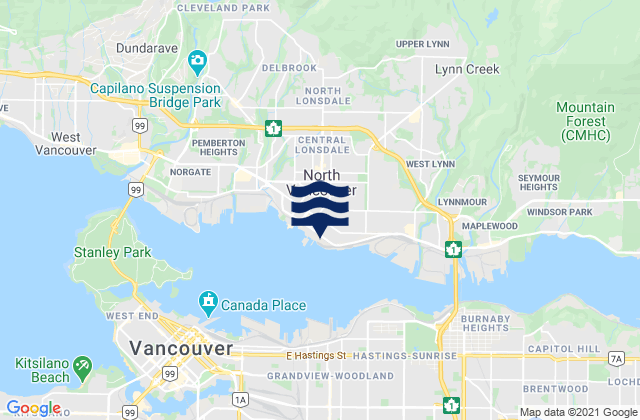 Mapa da tábua de marés em North Vancouver, Canada