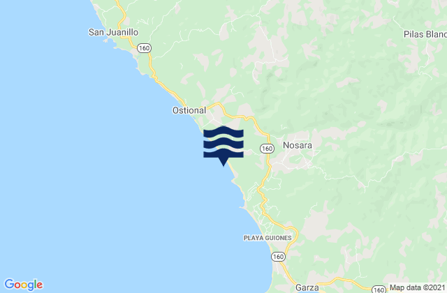 Mapa da tábua de marés em Nosara, Costa Rica