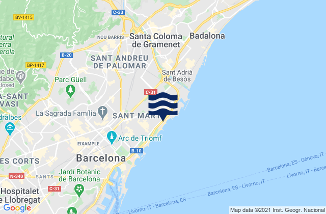 Mapa da tábua de marés em Nou Barris, Spain