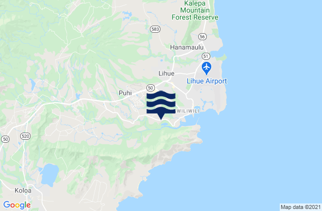 Mapa da tábua de marés em Nāwiliwili, United States