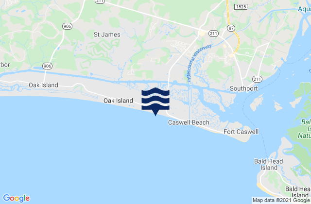 Mapa da tábua de marés em Oak Island (Atlantic Ocean), United States