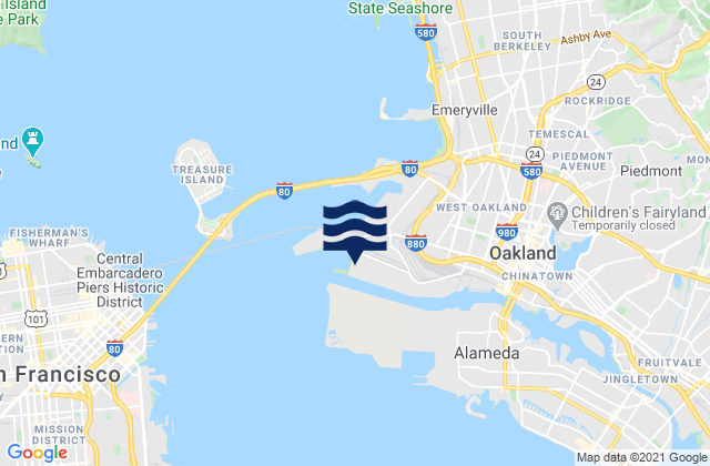 Mapa da tábua de marés em Oakland Inner Harbor Channel, United States