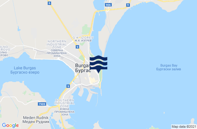 Mapa da tábua de marés em Obshtina Burgas, Bulgaria