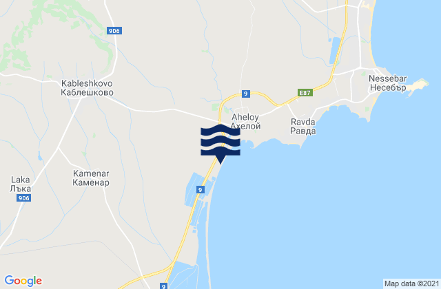 Mapa da tábua de marés em Obshtina Pomorie, Bulgaria