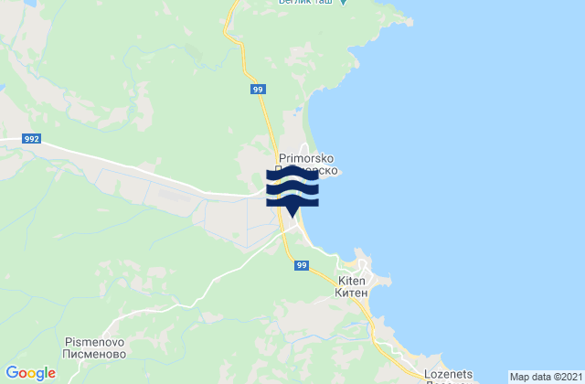 Mapa da tábua de marés em Obshtina Primorsko, Bulgaria