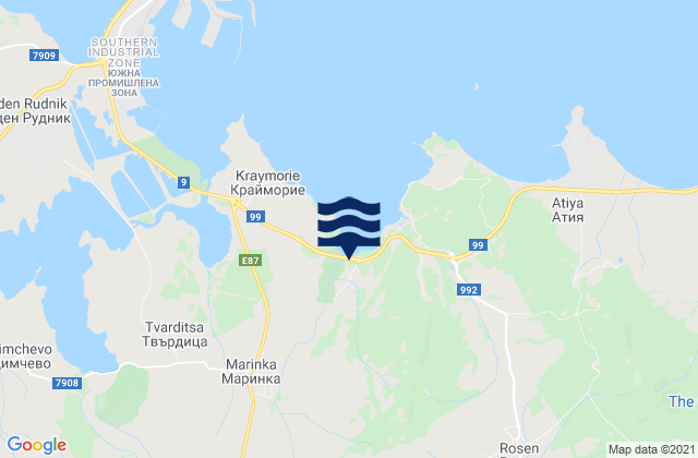 Mapa da tábua de marés em Obshtina Sozopol, Bulgaria