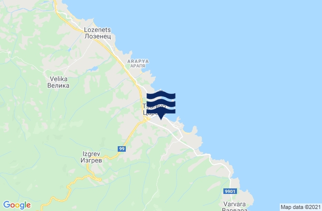 Mapa da tábua de marés em Obshtina Tsarevo, Bulgaria