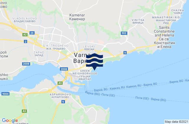 Mapa da tábua de marés em Obshtina Varna, Bulgaria